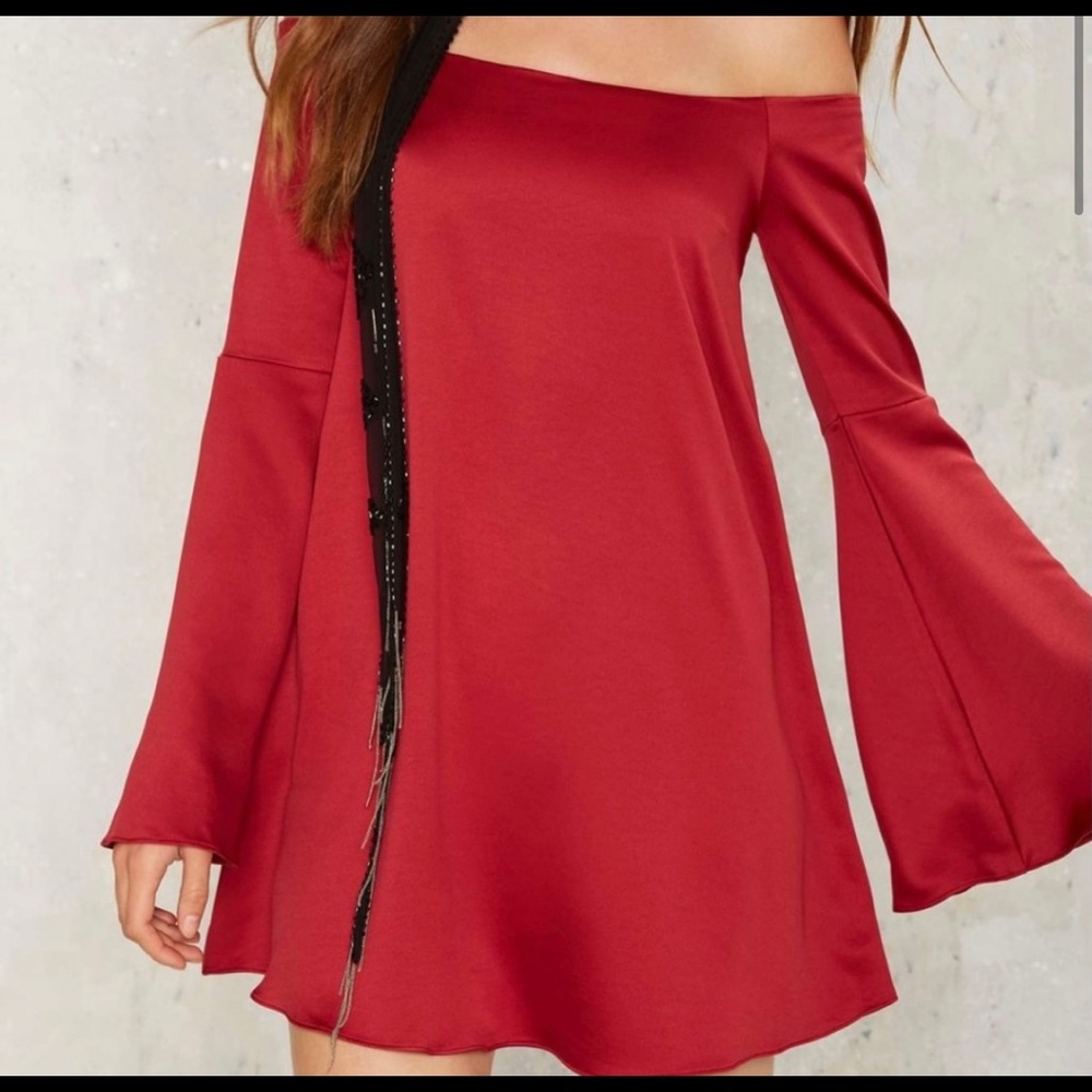 Nasty Gal Off Shoulder Red Trumpet Sleeve Dress